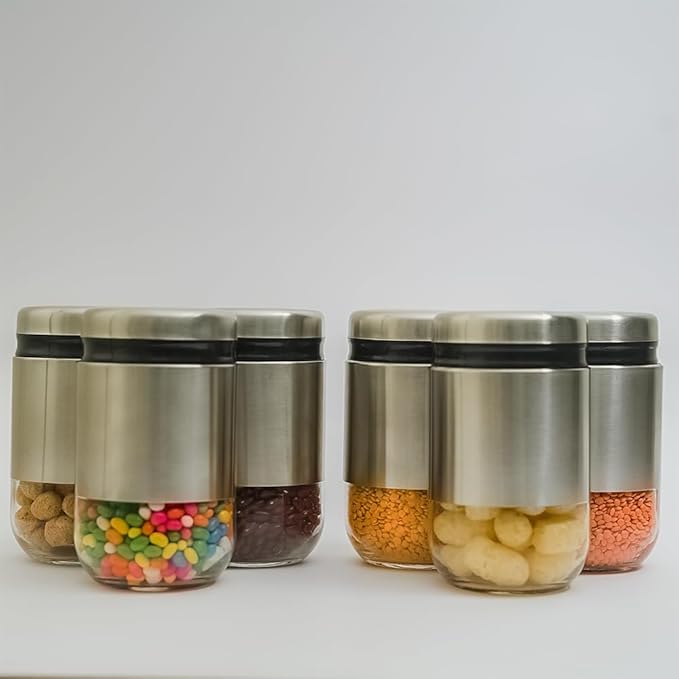 Kitchen Storage Jars Steel Body With See Through Bottom Jar, 550 ml, Pack of 6