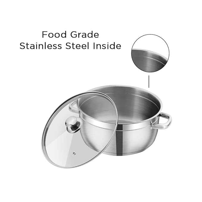 Stainless Steel Saucepot Set of 2 with Glass Lid, 2.5 mm Thick Base, Riveted Sturdy Handle