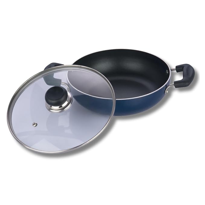 Aluminium Non Stick Kadhai with Glass Lid - 2 L, 22 cm, 3 Layer Ceramic Coating, 3 mm Thick