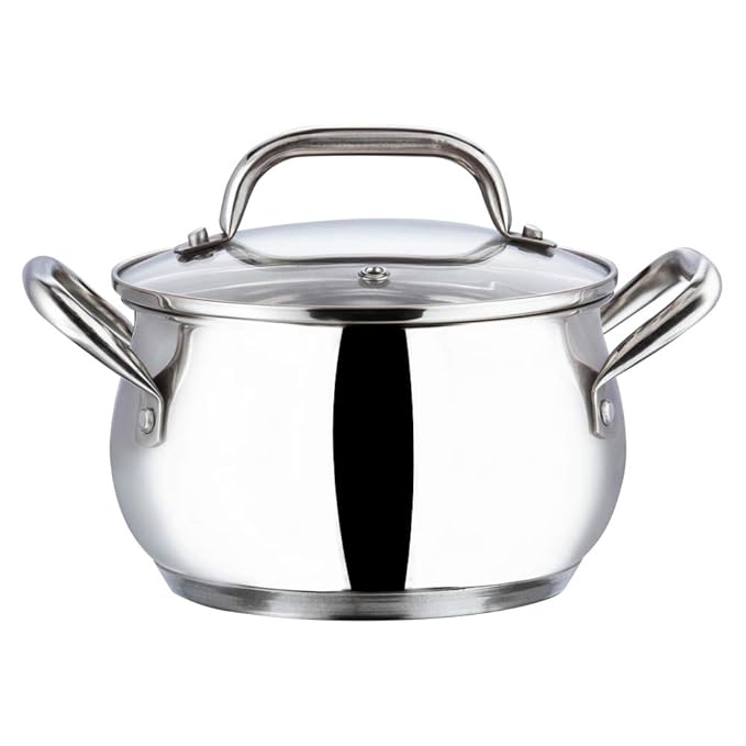 Stainless Steel Saucepot With Glass Lid 1.3 L, 14 cm, 2.6 mm Thick Base, Triply Casserole