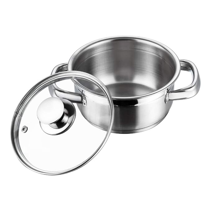 Stainless Steel Saucepot with Glass Lid 1 L, 14 cm, 2.5 mm Thick Base, Riveted Sturdy Handle