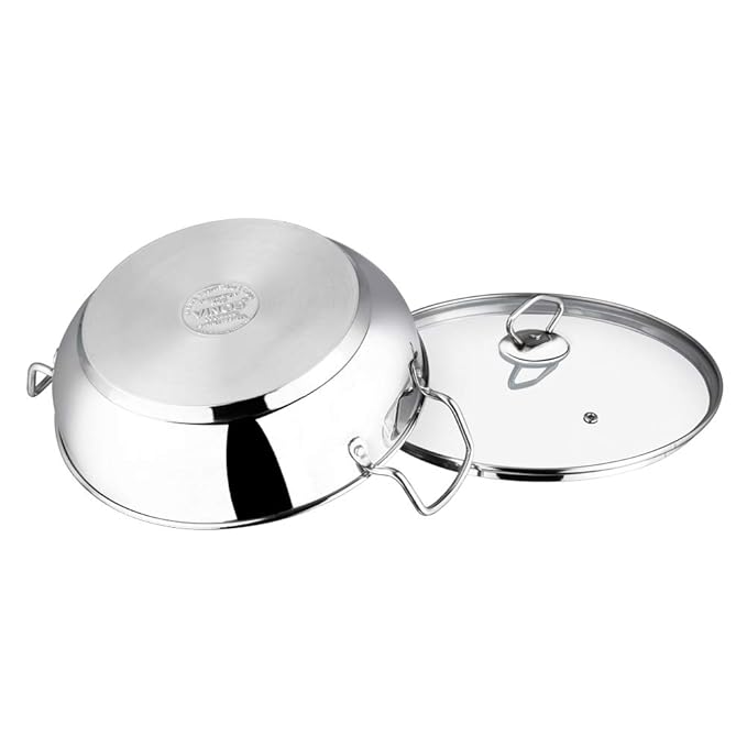 Stainless Steel Kadhai with Glass Lid - 2.7 L, 24 cm, Extra Thick, SAS Heavy Bottom, Kadai for Cooking