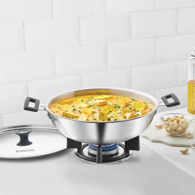Tri-ply Stainless Steel Kadhai With Lid, Induction Friendly, 4 L, 28 cm