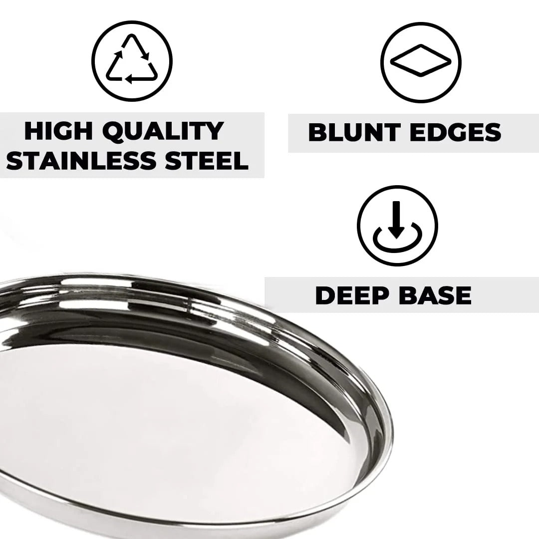 Stainless Steel Dinner Plates Set of 6 29 cm Heavy Gauge Deep Base Mirror Finish Steel Thali