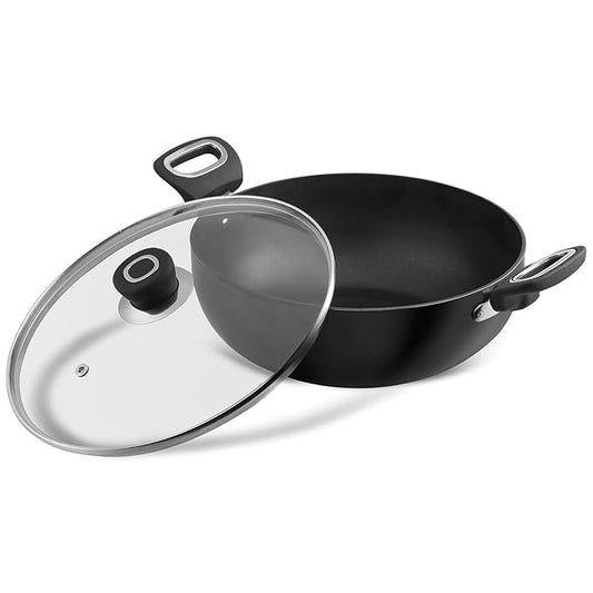 Hard Anodised Non Stick Deep Kadhai with Glass lid - 2.6 L, 22 cm, 3.25 mm Thick, 5X Non Stick