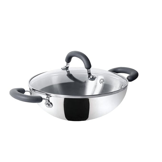 Trivantage Nickel Free Stainless Steel Triply Kadai with Steel Lid 26 cm Silver