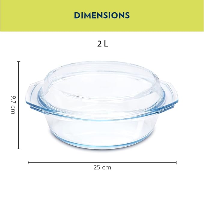 Solid Glass Casserole Oven and Microwave Safe Serving Bowl with Lid, Transparent, 2 L