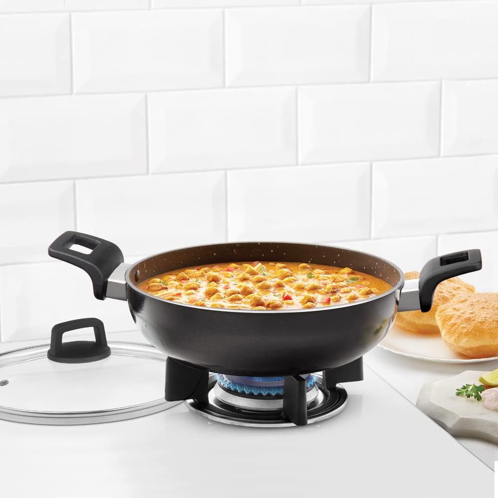 Non-stick Kadhai With Glass Lid, Induction Friendly, Granite Finish, Pfoa-free, 28 cm Diameter