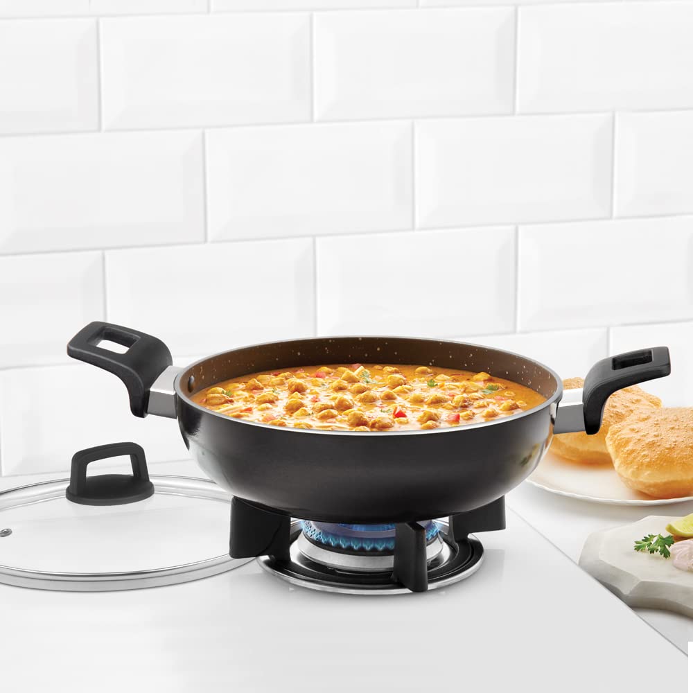 Non-stick Kadhai With Glass Lid, Induction Friendly, Granite Finish, Pfoa-free, 24 cm Diameter