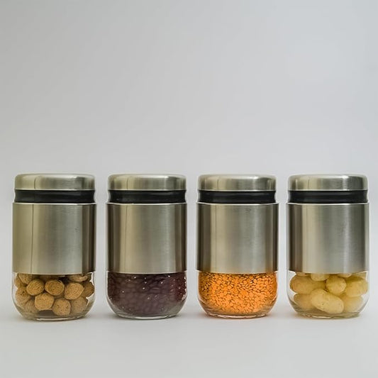 Kitchen Storage Jars Steel Body With See Through Bottom Jar, 550 ml, Pack of 4