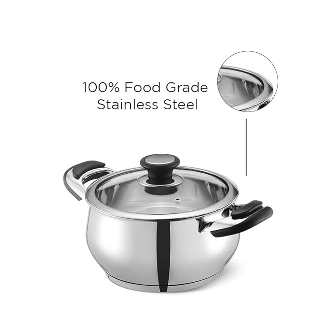 Stainless Steel Saucepot Handi with Glass Lid - 2 L, 16 cm, Stylish Durable Handles