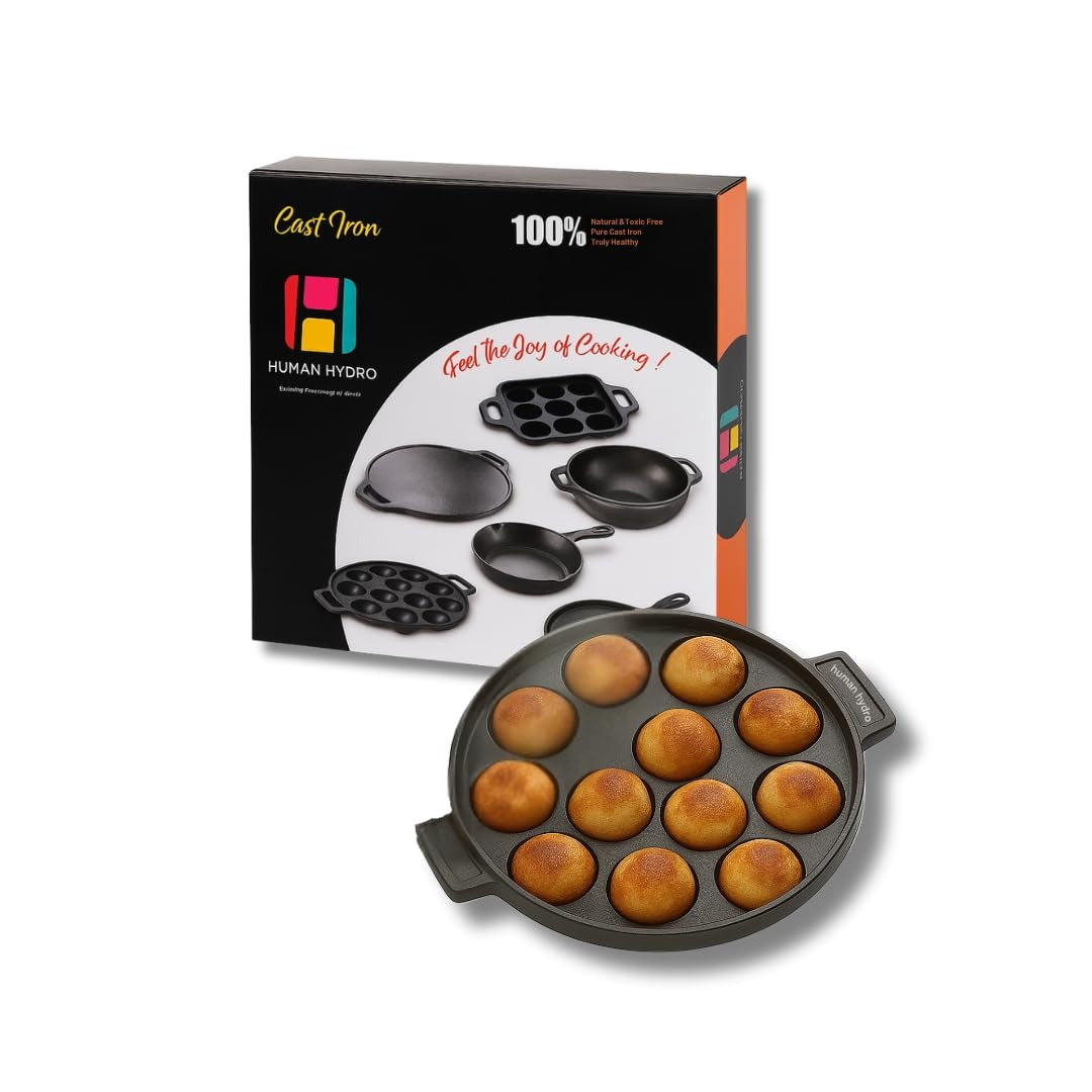 Pre-Seasoned Cast Iron 12-Pit Paniyaram Pan 20 cm Naturally Nonstick Toxin-Free