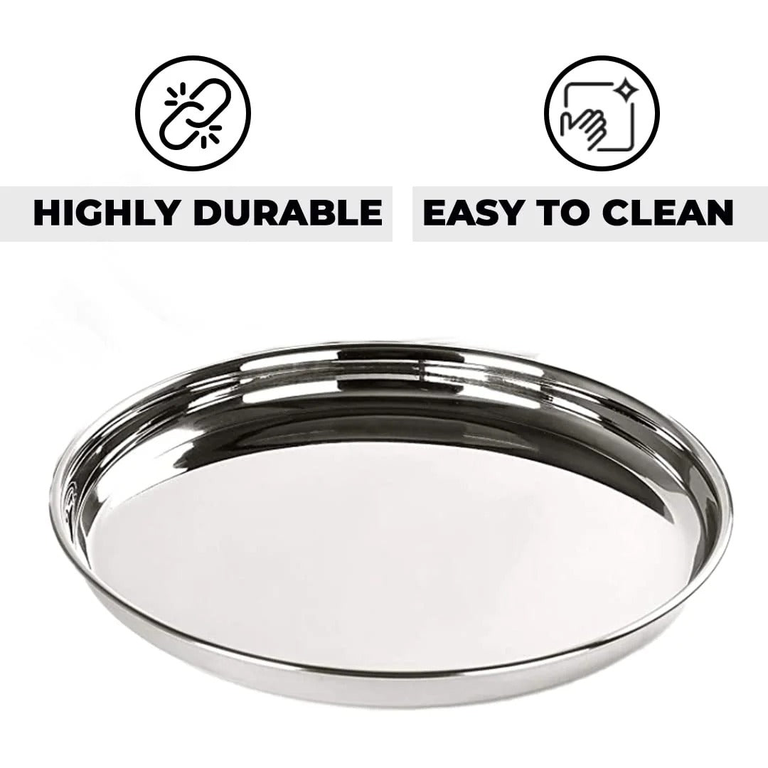 Stainless Steel Dining Plate Set of 4 Blunt Edges Deep Base Glossy Finish