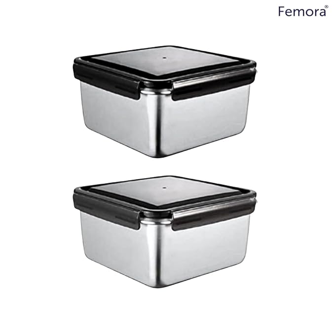 High Steel Square Container Airtight Leakproof Unbreakable Storage Container/ Lunch Box, 550 ml, Set of 2