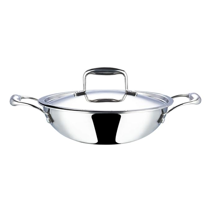 Triply Stainless Steel Kadai with lid 5.5 L (32 cm), 2.5 mm Thick, 3 Layer Stainless Steel Cookware