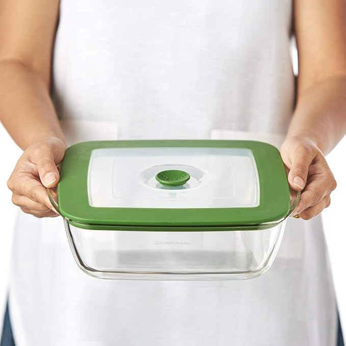 Microwave Safe and Oven Safe Square Glass Baking Dish With Green Lid, 1 Count, Transparent
