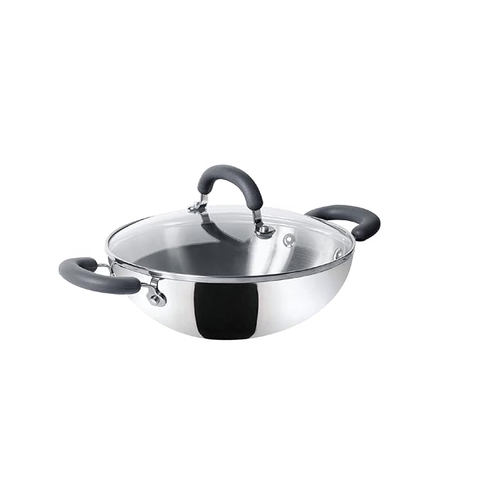 Trivantage Nickel Free Stainless Steel Triply Kadai with Steel Lid 22 cm Silver
