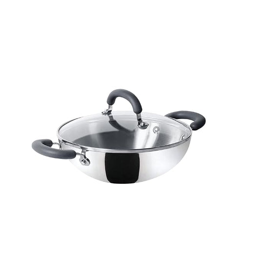 Trivantage Nickel Free Stainless Steel Triply Kadai with Steel Lid 22 cm Silver