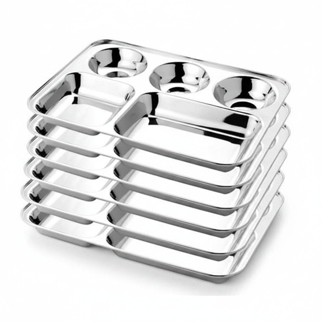 Stainless Steel Partition Plate 5 in 1 Bhojan Thali Compartment Dinner Plate - Set of 6
