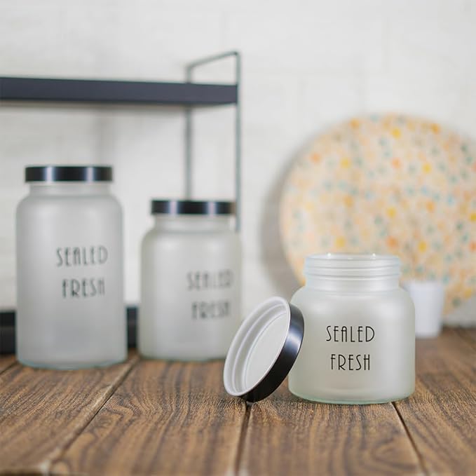 Kitchen Storage Jars Frosted Glass Jar With Steel Lid Air Tight Jar, 1500 ml, Pack of 4, Black Lid