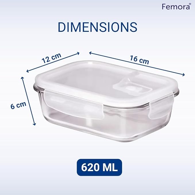 Borosilicate Rectangular Glass Food Storage Container With Air Vent Lid, 620 ml, Blue