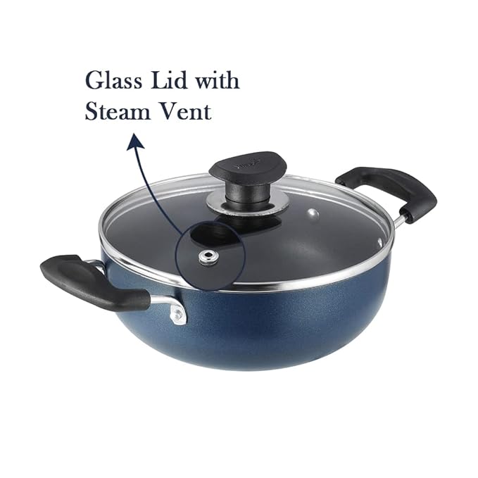 Aluminium Non Stick Deep Kadhai with Glass Lid - 1.4 L, 18 cm, 3 Layer Ceramic Coating, 3 mm Thick