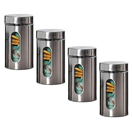 Kitchen Storage Jars Steel Body With See Through Window Jar, 1000 ml, Pack of 4