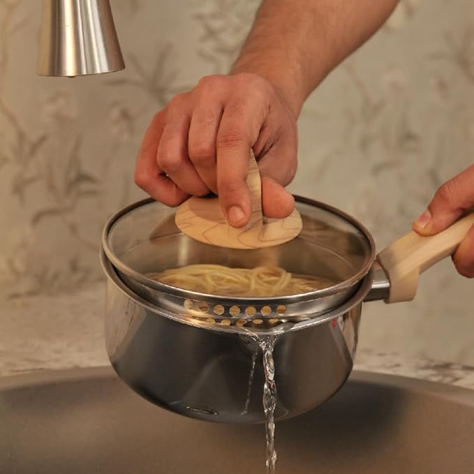 Arttdinox Timber Stainless Steel Triply Saucepan With Glass Lid | Milk Pot | Tea Pan | Gas and Induction Compatible | 16