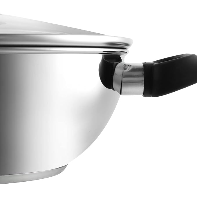 Stainless Steel Deluxe Kadhai with Glass Lid - 2.8 L, 24 cm, Extra Thick, SAS Bottom, Soft Handle