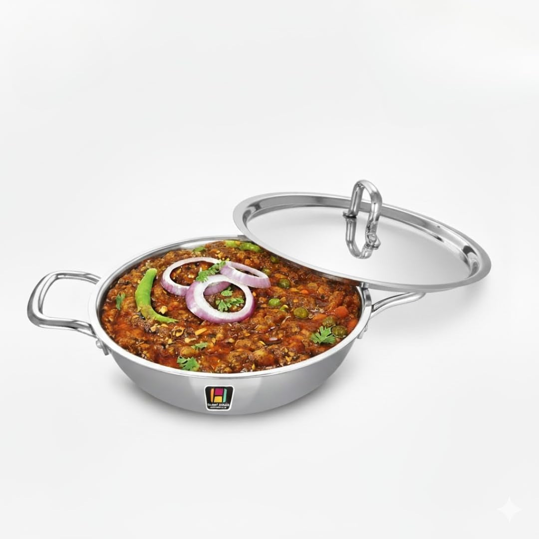 Tri-Ply Stainless Steel Kadai with SS Lid and Spatula 22 cm 2.2L Induction Gas