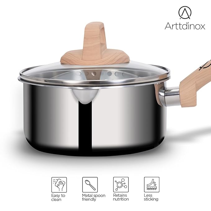 Arttdinox Timber Stainless Steel Triply Saucepan With Glass Lid | Milk Pot | Tea Pan | Gas and Induction Compatible | 16