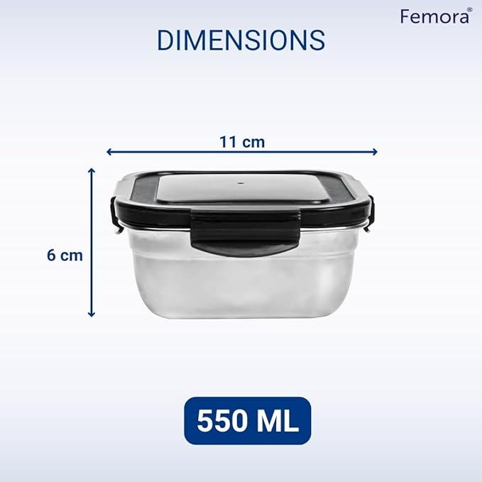 High Steel Square Container Airtight Leakproof Unbreakable Storage Container/ Lunch Box, 550 ml, Set of 2