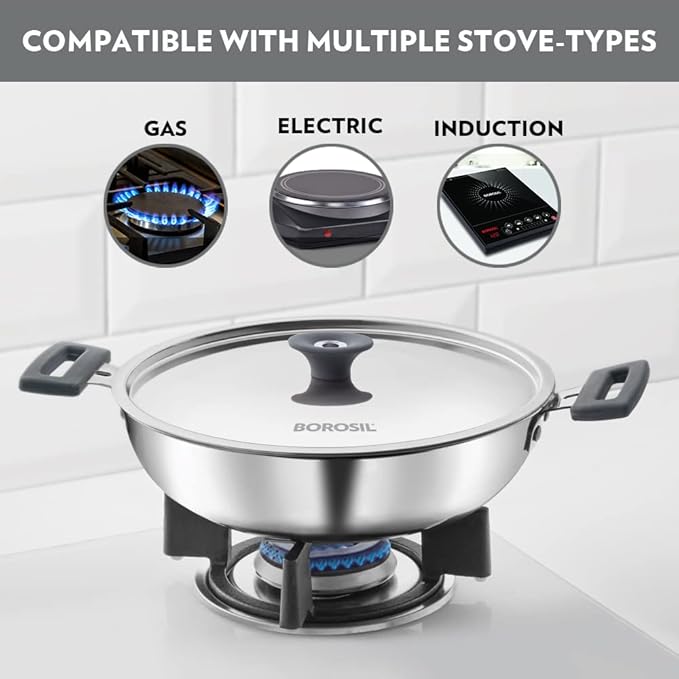 Tri-ply Stainless Steel Kadhai With Lid, Induction Friendly, 4 L, 28 cm