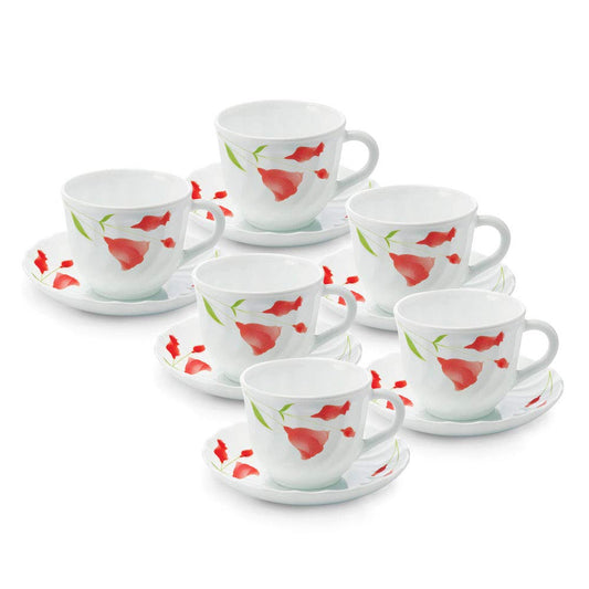 Glass Diana Cup and Saucer Set, Set of 6, 12-piece, 220 ml, White
