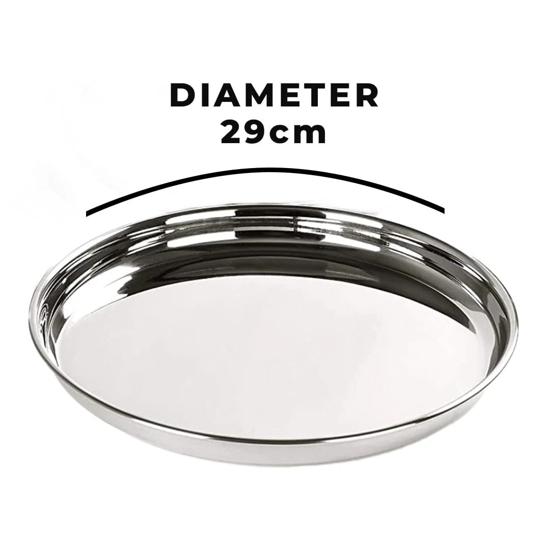 Stainless Steel Dinner Plates Set of 6 29 cm Heavy Gauge Deep Base Mirror Finish Steel Thali