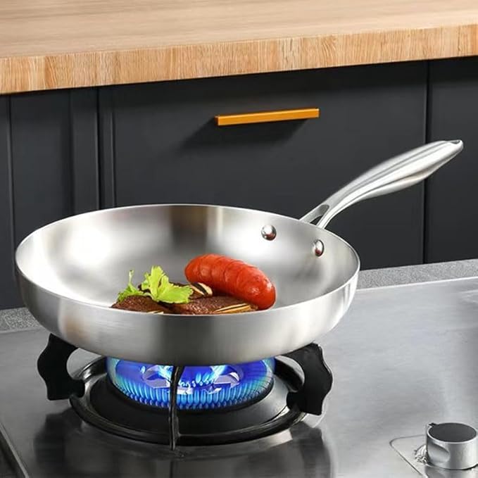 304 Stainless Steel Frying Pan with Glass Lid & Long Handle – Durable Skillet for Searing, Sautéing, Stir-Frying, Simmering & Pan-Frying Daily Meals – Suitable for Gas, Electric & Induction Cooktops – Available in 22cm, 24cm, 26cm & 28cm