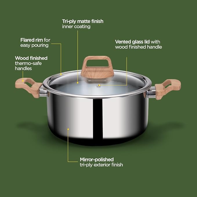 Stainless Steel Triply Pot With Glass Lid, 25 cm, 5 L, Wood Finished Handle, Induction & Gas Base