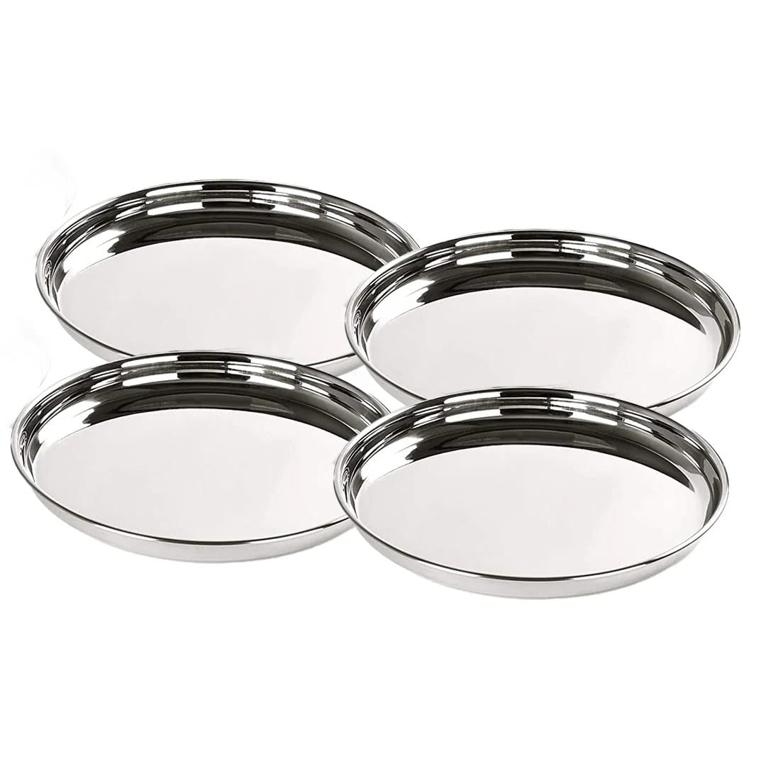 Stainless Steel Dining Plate Set of 4 Blunt Edges Deep Base Glossy Finish