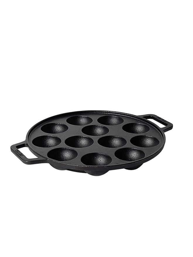 Pre Seasoned Cast Iron 12 Cavity Appam Patra 2 Side Handle 26 cm (Black)