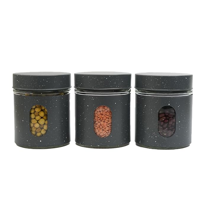 Carbon Steel Jar for Kitchen Storage With Clear Glass Window and Carbon Steel Lid, 300 ml, 3pc Set