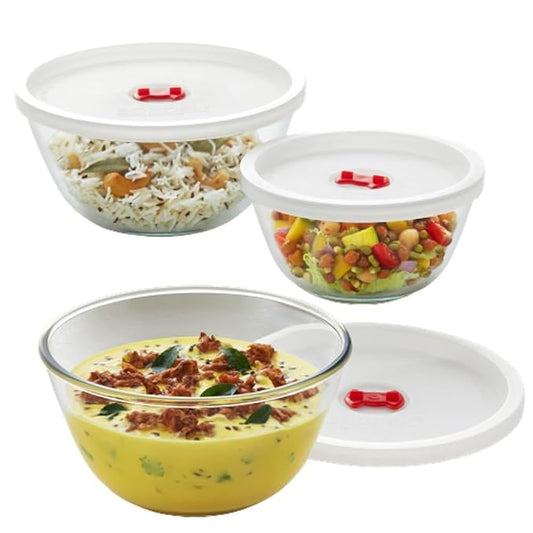 Glass Serving & Mixing Bowls With Lids, Oven & Microwave Safe Bowls, Set of 3