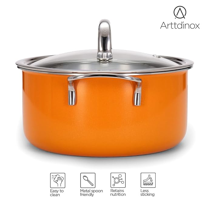 Arttdinox Vida Stainless Steel Triply Pot With Glass Lid for Biryani | 20 Cm | 3 Ltr | Rivetless Handle | Jindal Stainle