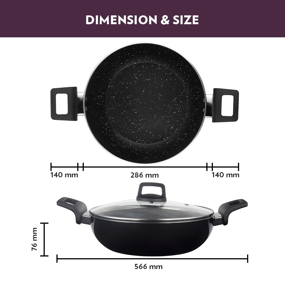 Non-stick Kadhai With Glass Lid, Induction Friendly, Granite Finish, Pfoa-free, 28 cm Diameter