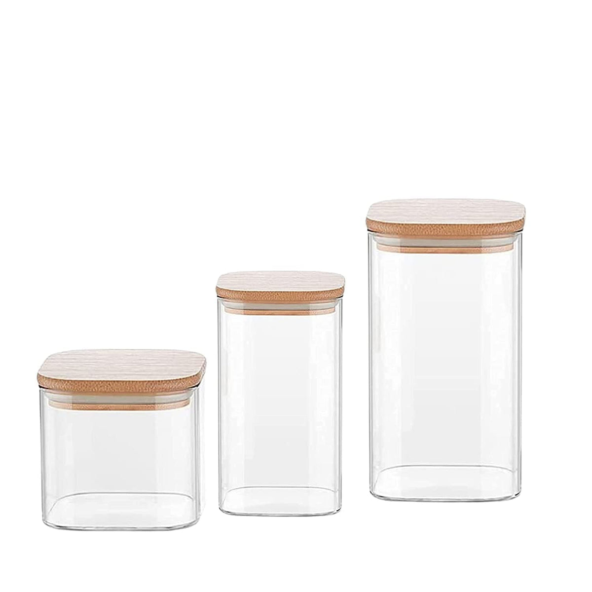 Kitchen Storage Jars Borosilicate Glass Jar With Wooden Lid Air Tight Jar, Pack of 3 Jars