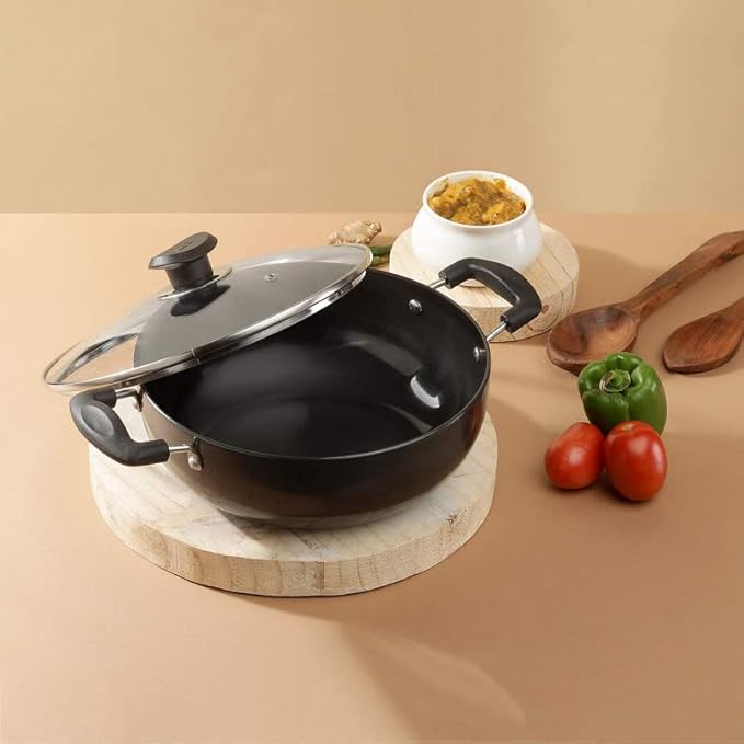 Hard Anodised Non Stick Deep Kadhai with Glass Lid - 3.1 L, 24 cm, 3.25 mm Thickness, kadai for Cooking