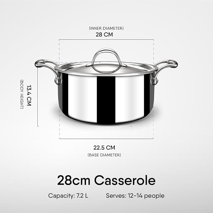 Stahl Artisan Triply Stainless Steel Sauce Pot/ Casserole With Lid | Induction Pot | Briyani Pot/ Handi | 7.2 Litres | 2