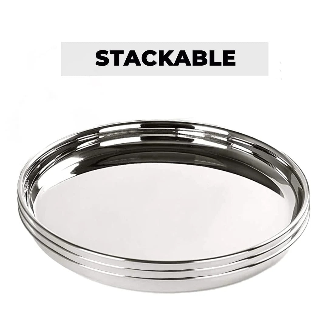 Stainless Steel Dinner Plates Set of 6 29 cm Heavy Gauge Deep Base Mirror Finish Steel Thali