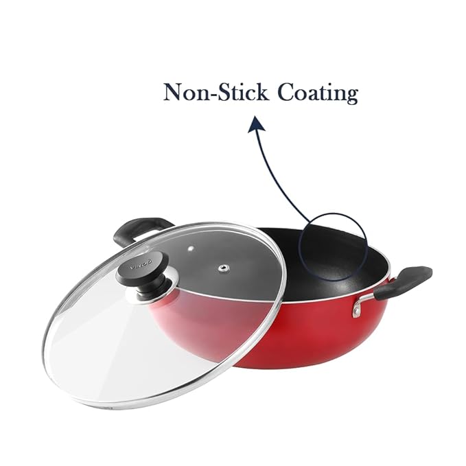 Non Stick Deep Kadhai with Glass Lid - 3.1 L, 24 cm, 3 mm Thick, 3 Layer Coating