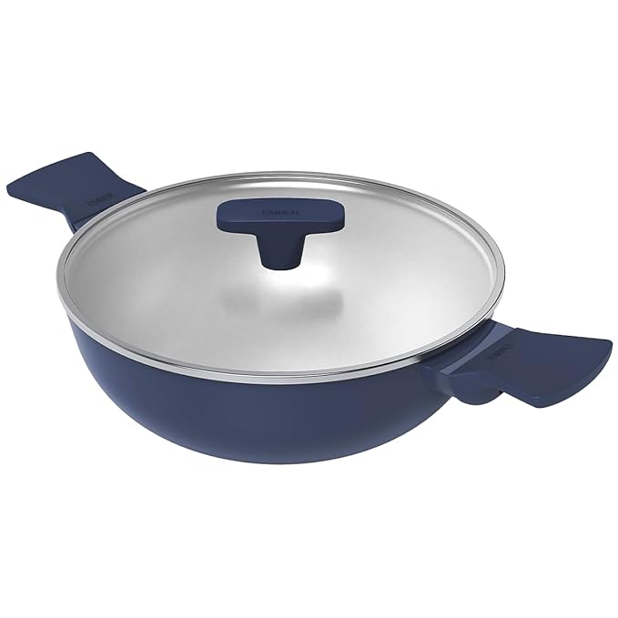 Ceramic Non Stick Kadai 24 cm, Glass Lid, Matching Handles,, Blue