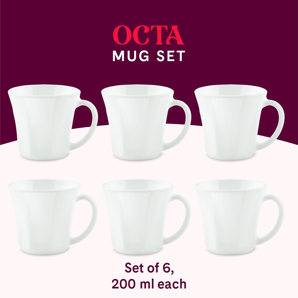 Octa Opalware Mug, Set of 6 Tea/coffee Mugs, 200 ml Each
